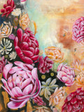 Colorful floral painting with pink, red, and yellow flowers on a neutral and black background. Portrait or horizontal orientation. Artist: Luna Burlo, Melbourne, Australia