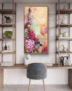 Floral abstract painting above a chair in a modern room with wooden shelves and desk. Wall art by Luna Burlo, Melbourne, Australia