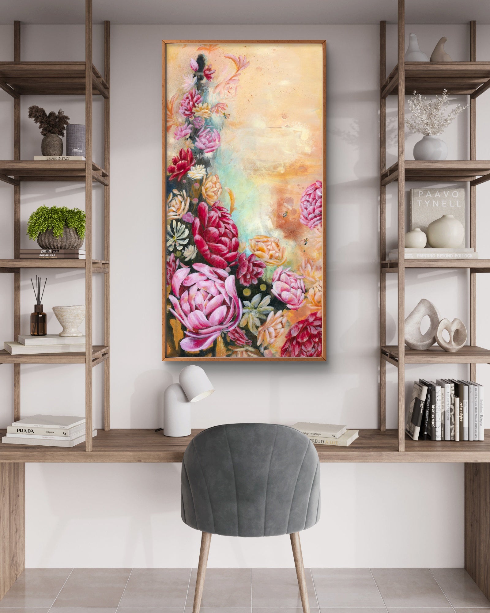 Floral abstract painting above a chair in a modern room with wooden shelves and desk. Wall art by Luna Burlo, Melbourne, Australia