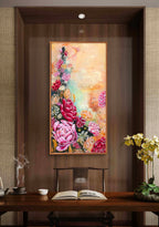 Neutral beige, red, and pink abstract floral painting on a wooden stand in a room with a wooden desk and alcove nook area. Artist, Luna Burlo, Melbourne, Australia