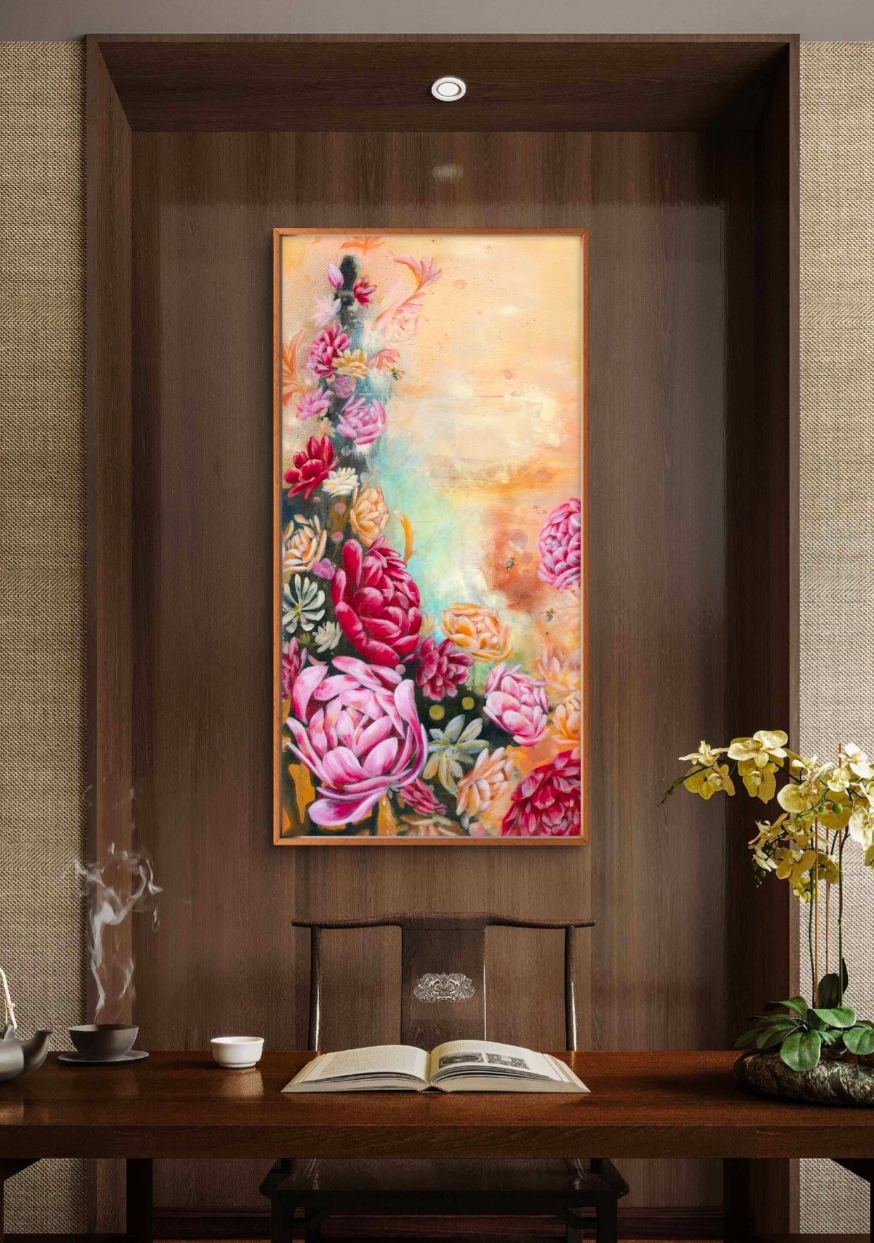 Neutral beige, red, and pink abstract floral painting on a wooden stand in a room with a wooden desk and alcove nook area. Artist, Luna Burlo, Melbourne, Australia
