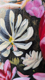 Close-up of a floral painting with white, pink, and red flowers with native Australian Blue Banded Bees on a dark background. Original artwork by Luna Burlo, Melbourne, Australia