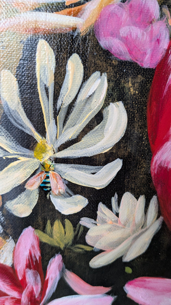 Close-up of a floral painting with white, pink, and red flowers with native Australian Blue Banded Bees on a dark background. Original artwork by Luna Burlo, Melbourne, Australia