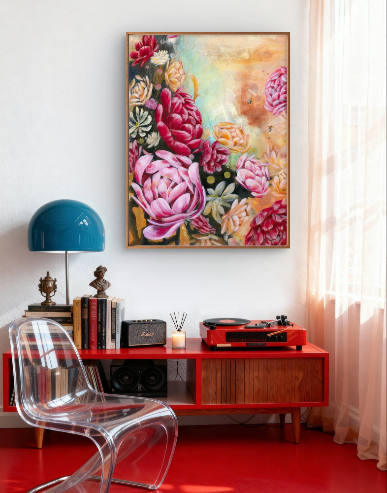 Living room with red console table, floral painting, and clear chair. The painting is a fine art canvas print feating red and pink peonies, native Australian flowers and bees, on a neutral and black background. Painting in in vertical portrait orientation. Art by Luna Burlo, Melbourne, Australia