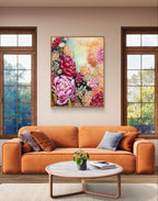 Living room with an orange sofa, coffee table, and large red, pink, neutral, black floral painting on the wall. Art by Luna Burlo, Melbourne, Australia