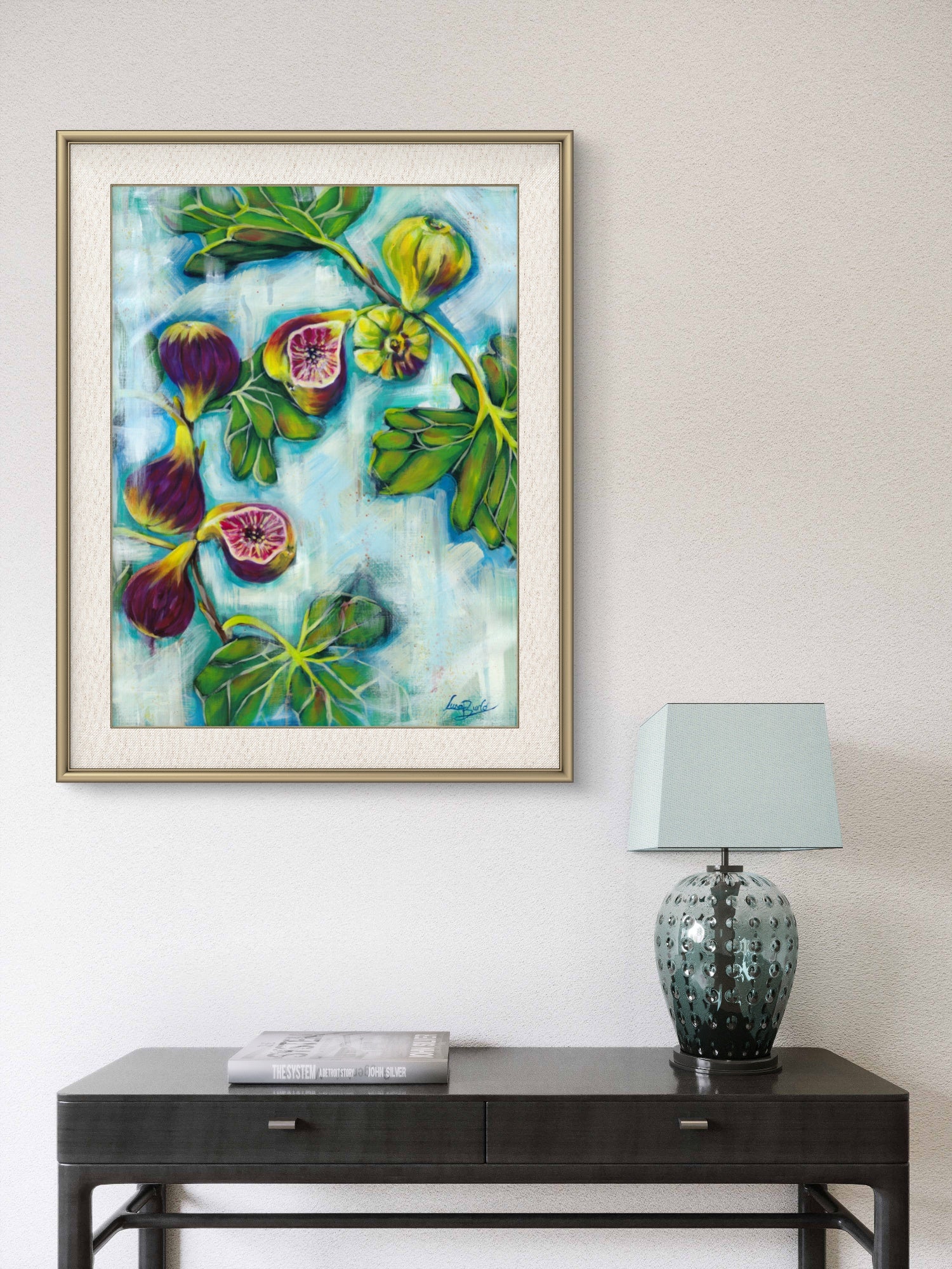 Framed Luna Burlo artwork of Mediterranean Figs on a white living room or hallway wall above a dark wooden console table with a lamp.

Framed Luna Burlo fine art paper print or her original artwork of Figs from series "Mediterranean Table".

Colorful abstract food art with purple fruit, vibrant green leaves, and turquoise blue background. Rectangle vertical or portrait orientation. Made in Melbourne, Australia