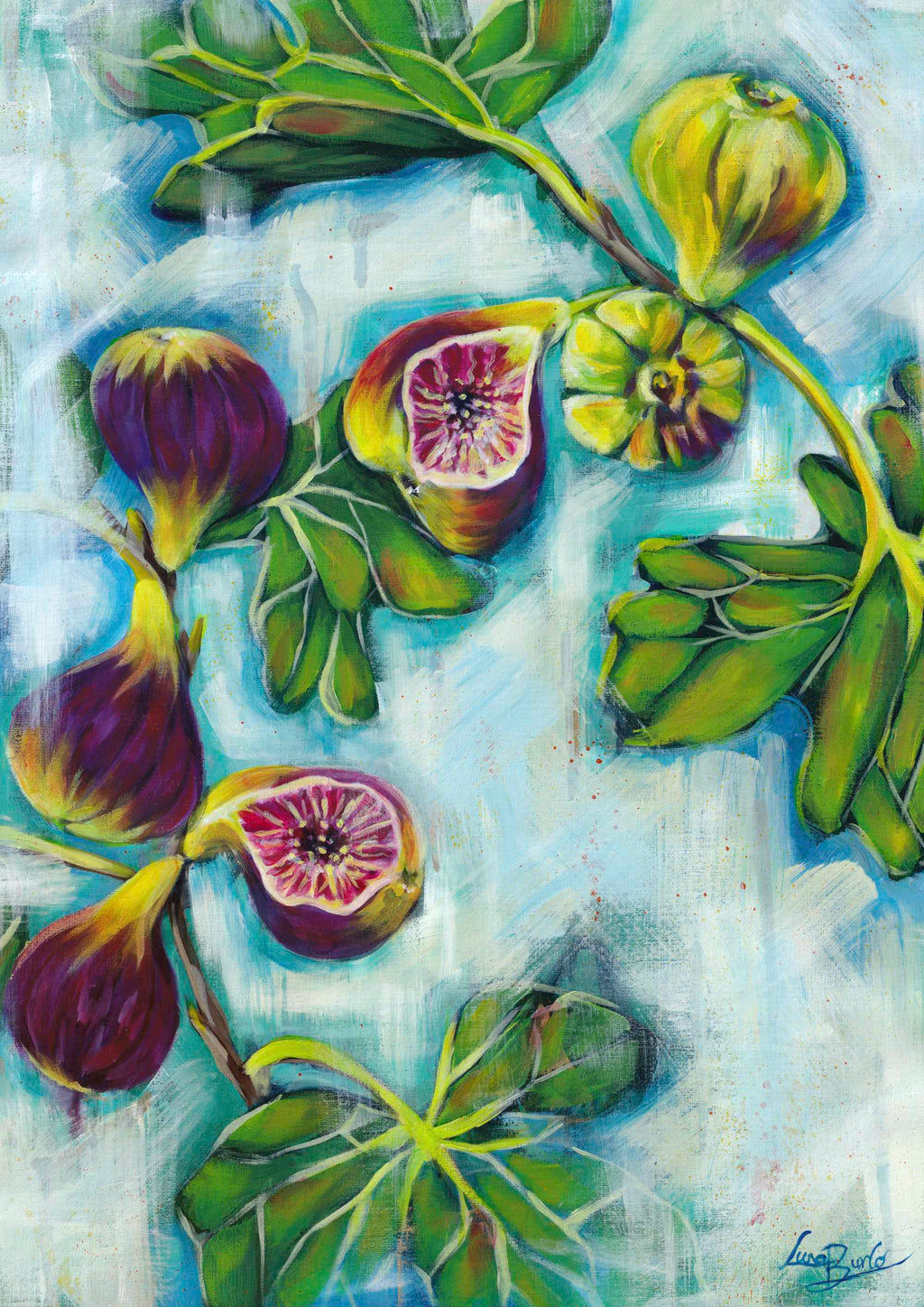 Colorful painting of figs and leaves on a textured background.

Framed Luna Burlo fine art paper print or her original artwork of Figs from series "Mediterranean Table". A2, A3, A4 scale size

Colorful abstract food art with purple fruit, vibrant green leaves, and turquoise blue background. Rectangle vertical or portrait orientation. Made in Melbourne, Australia