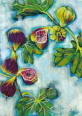 Colorful painting of figs and leaves on a textured background.

Framed Luna Burlo fine art paper print or her original artwork of Figs from series "Mediterranean Table". A2, A3, A4 scale size

Colorful abstract food art with purple fruit, vibrant green leaves, and turquoise blue background. Rectangle vertical or portrait orientation. Made in Melbourne, Australia