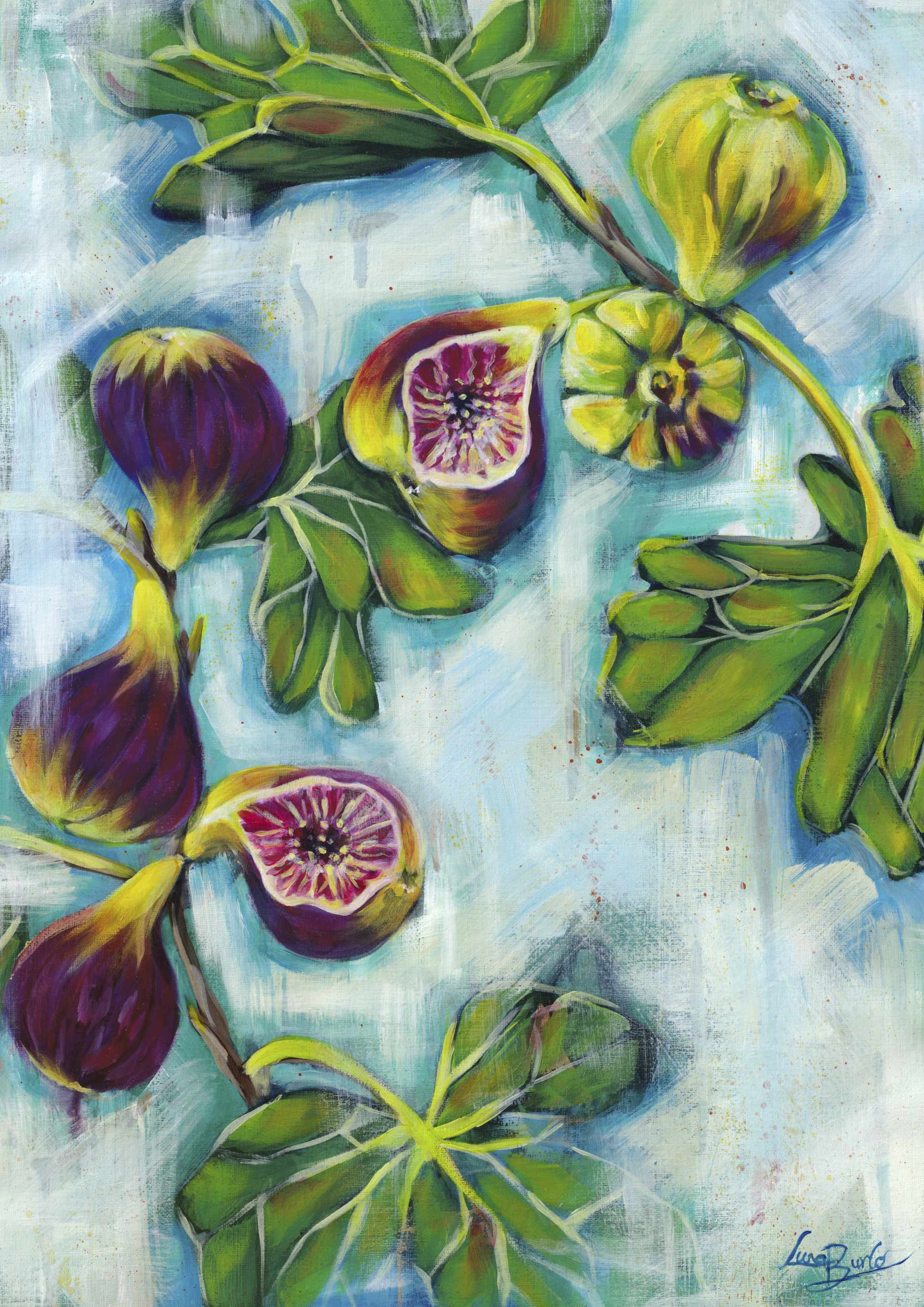 Colorful painting of figs and leaves on a textured background.

Framed Luna Burlo fine art paper print or her original artwork of Figs from series "Mediterranean Table". A2, A3, A4 scale size

Colorful abstract food art with purple fruit, vibrant green leaves, and turquoise blue background. Rectangle vertical or portrait orientation. Made in Melbourne, Australia