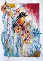 Colorful Luna Burlo painting of a Native Australian Flame Robin bird perched among flowers and leaves on a textured background.