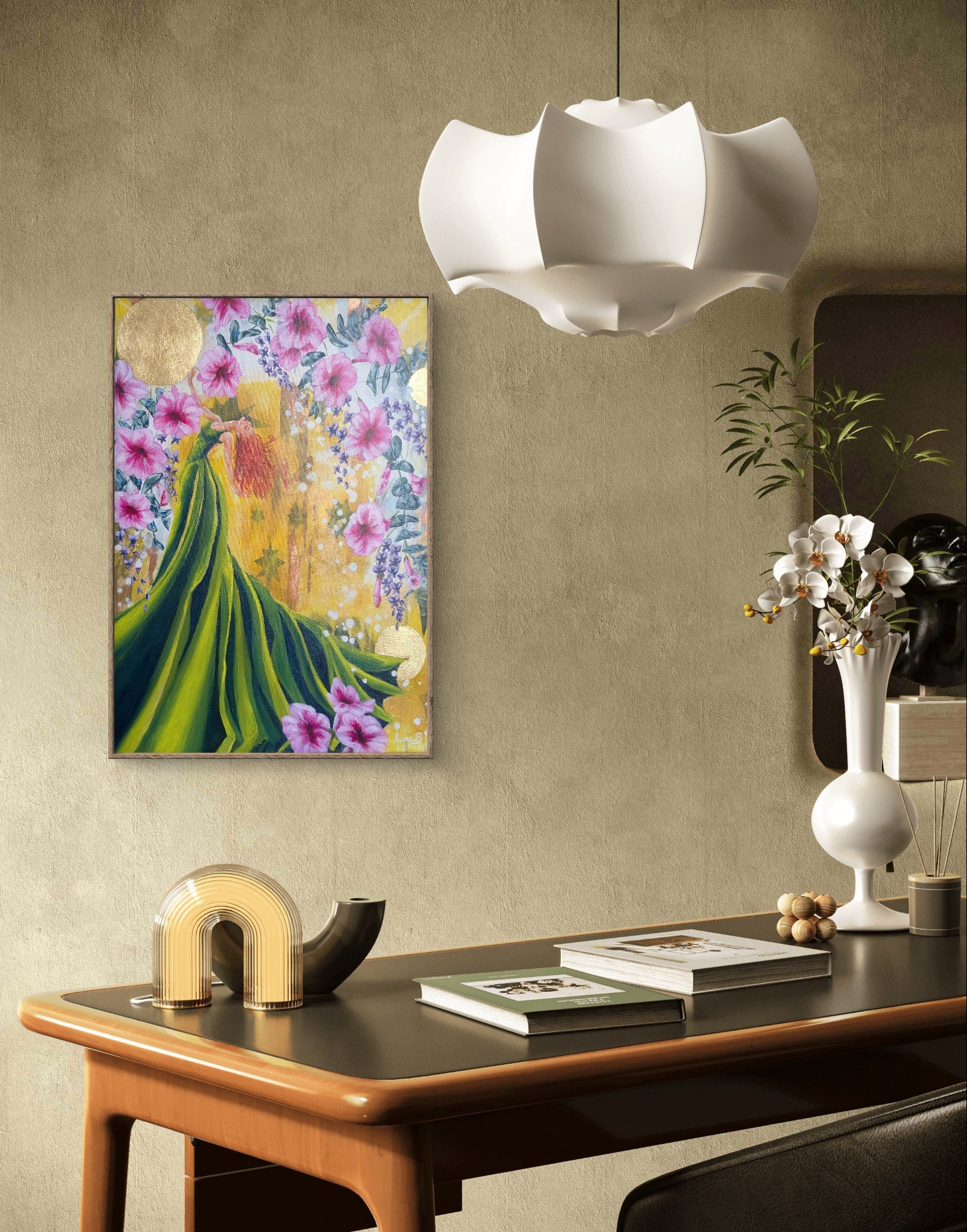 Decorative interior design with a Luna Burlo "Flourish" painting of a woman in a green dress and yellow background, gold leaf, pink flowers, a white pendant light, and a wooden desk.
