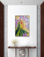Decorative painting in hallway narrow space, woman in green dress with pink flowers on a wall in a room with wooden furniture and curtains. By Melbourne artist, Luna Burlo
