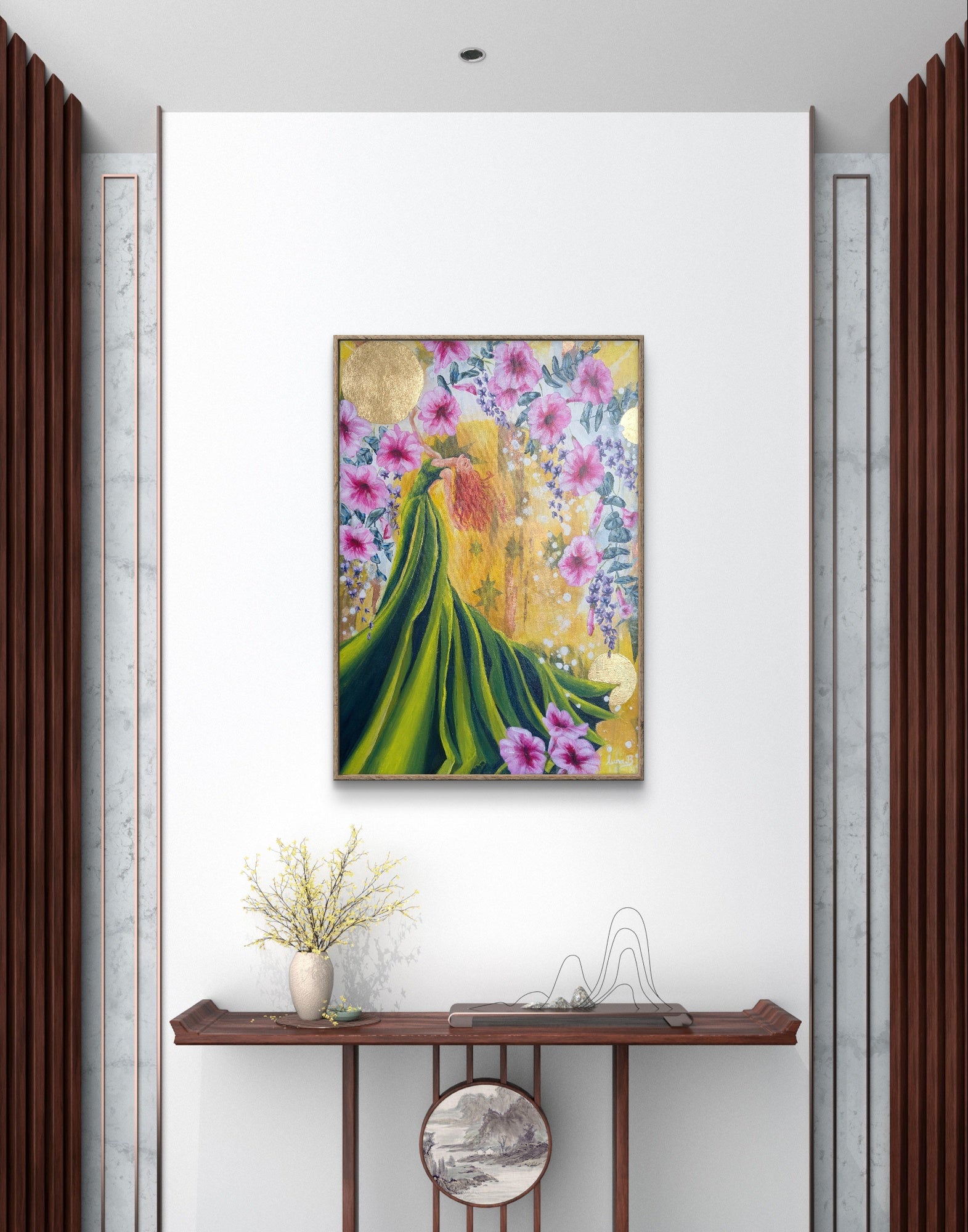 Decorative painting in hallway narrow space, woman in green dress with pink flowers on a wall in a room with wooden furniture and curtains. By Melbourne artist, Luna Burlo