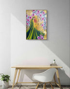 Colorful abstract Luna Burlo painting or fine art print on a wall above a wooden table desk with a white chair.