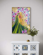 Colorful Luna Burlo Mixed Media abstract painting on a wall above a decorative cabinet with floral design.