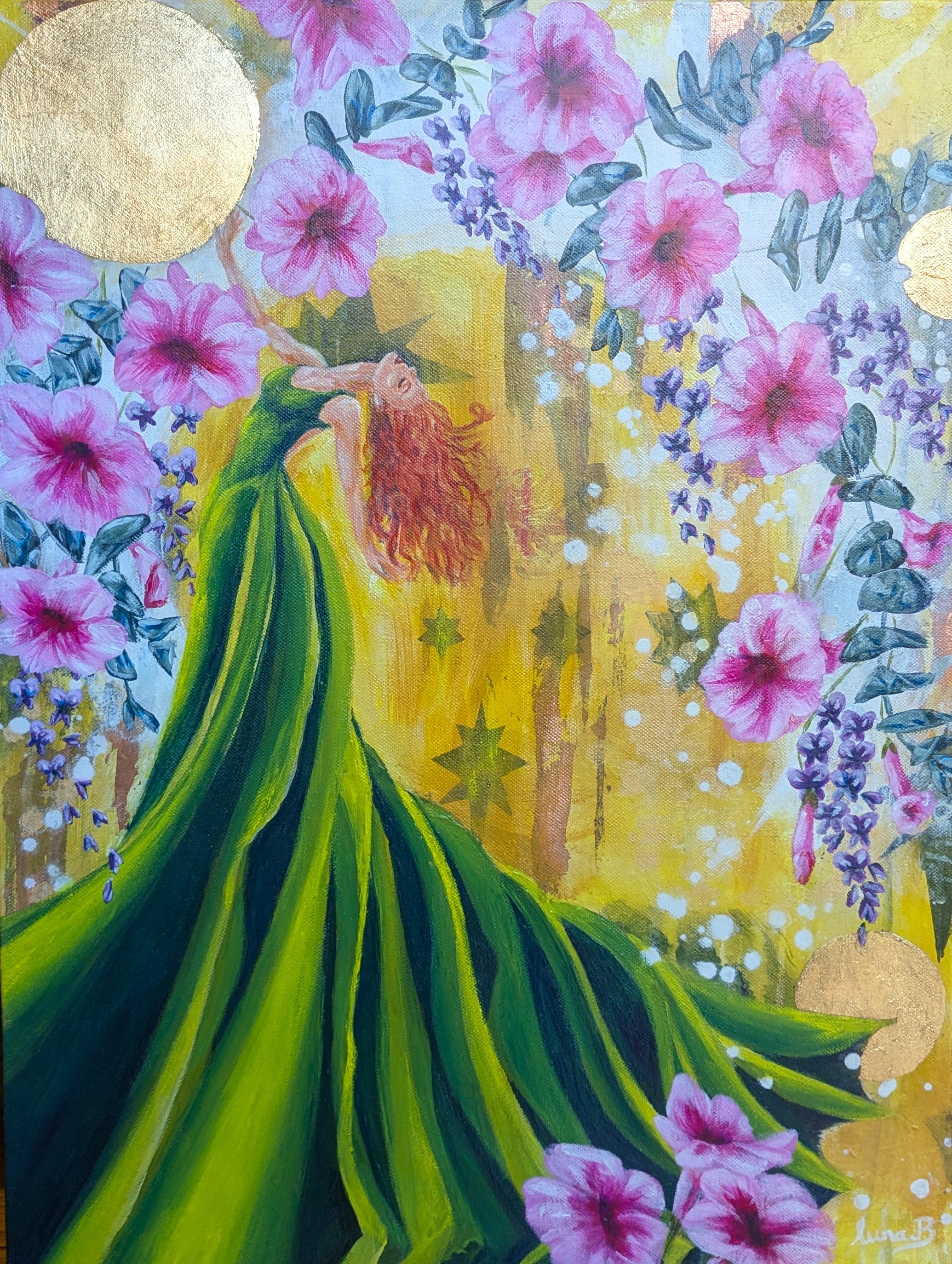 Artistic depiction of a woman in a green dress surrounded by Native Australian flowers and a yellow background by Melbourne Artist, Luna Burlo