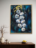Framed Luna Burlo abstract artwork of braided garlic on a light beige or white living room wall above a wooden console table.

Fine art paper print or her original artwork of "Garlic" from series "Mediterranean Table".

Colorful abstract food art with white, and gold accents on a dark blue and green background. Rectangle vertical or portrait orientation. Made in Melbourne, Australia