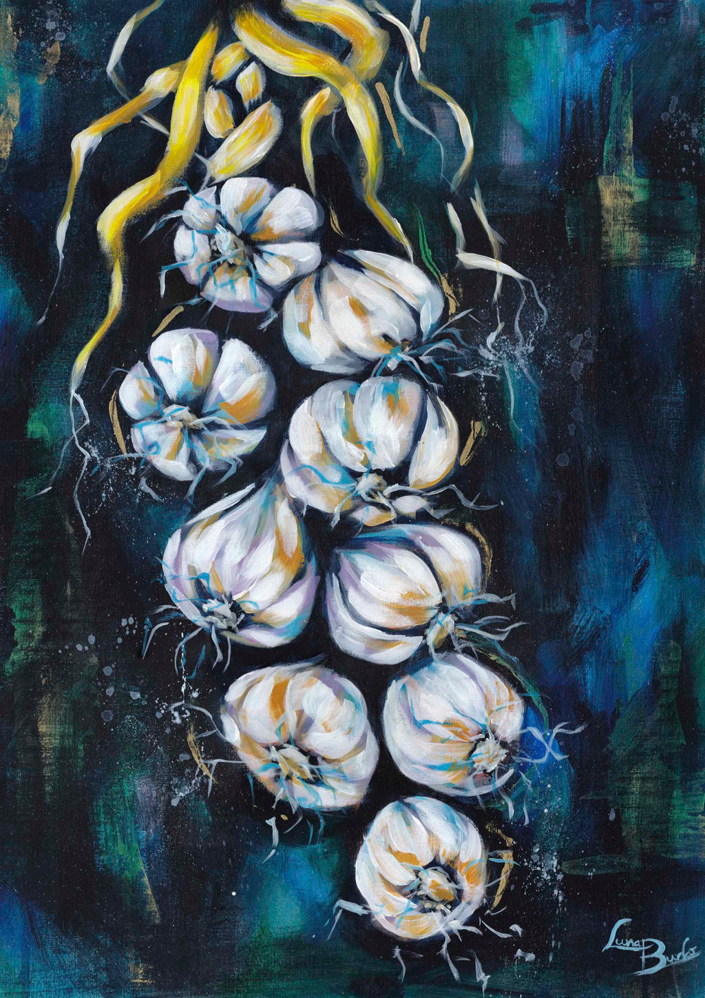 Artistic depiction of garlic bulbs on a dark background.

Fine art paper print or her original artwork of "Garlic" from series "Mediterranean Table". A2, A3, A4 scale size

Colorful abstract food art with white, and gold accents on a dark blue and green background. Rectangle vertical or portrait orientation. Made in Melbourne, Australia