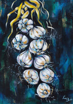 Artistic depiction of garlic bulbs on a dark background.

Fine art paper print or her original artwork of "Garlic" from series "Mediterranean Table". A2, A3, A4 scale size

Colorful abstract food art with white, and gold accents on a dark blue and green background. Rectangle vertical or portrait orientation. Made in Melbourne, Australia