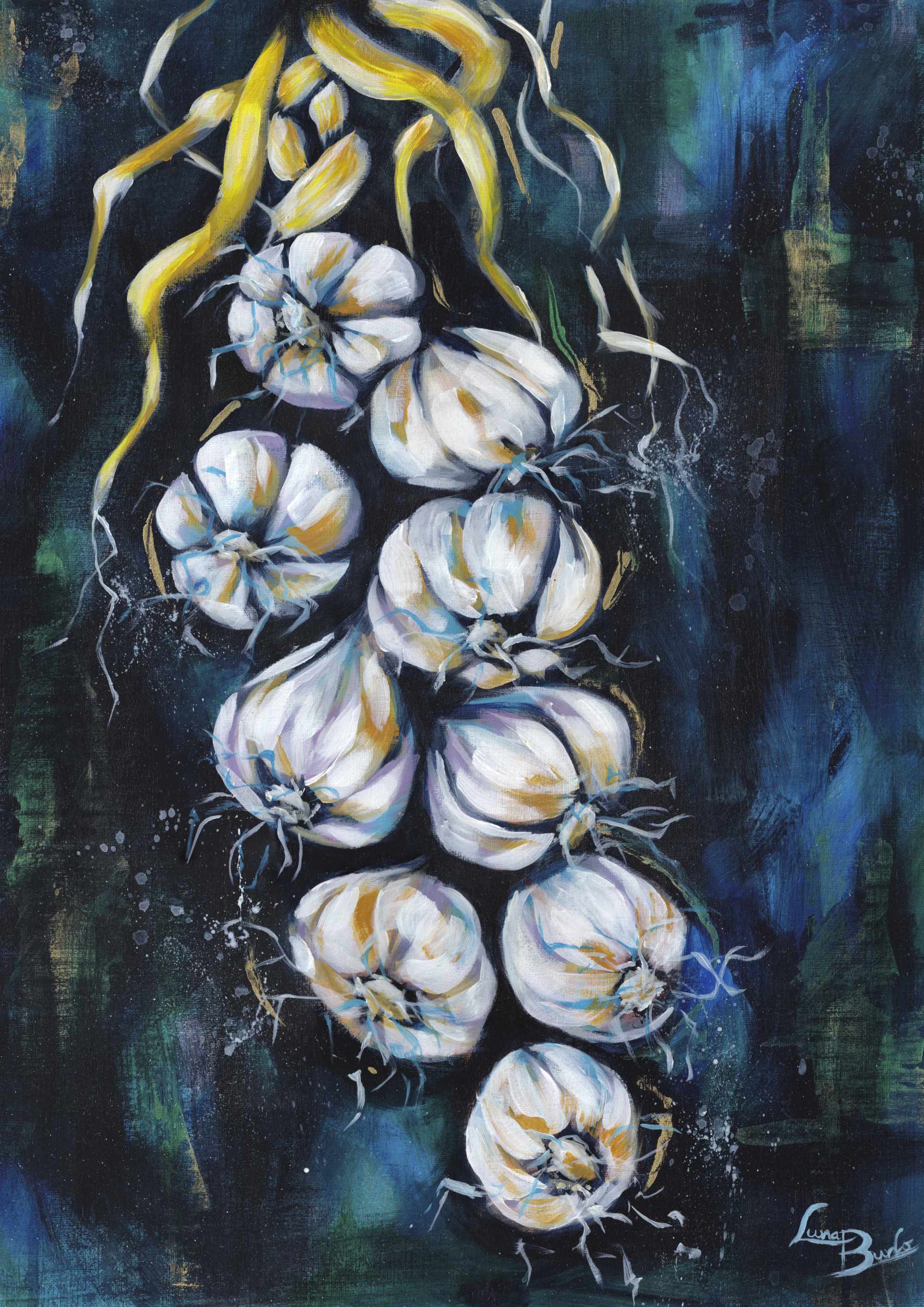 Artistic depiction of garlic bulbs on a dark background.

Fine art paper print or her original artwork of "Garlic" from series "Mediterranean Table". A2, A3, A4 scale size

Colorful abstract food art with white, and gold accents on a dark blue and green background. Rectangle vertical or portrait orientation. Made in Melbourne, Australia