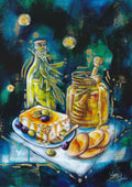 Artistic depiction of a table setting with olive oil, bread, and olives against a dark background.

Fine art paper print or her original artwork of "Honey and Oil" from series "Mediterranean Table". A2, A3, A4 scale size

Colorful abstract food art with white, yellow, and gold accents on a drak blue and green background. Rectangle vertical or portrait orientation. Made in Melbourne, Australia