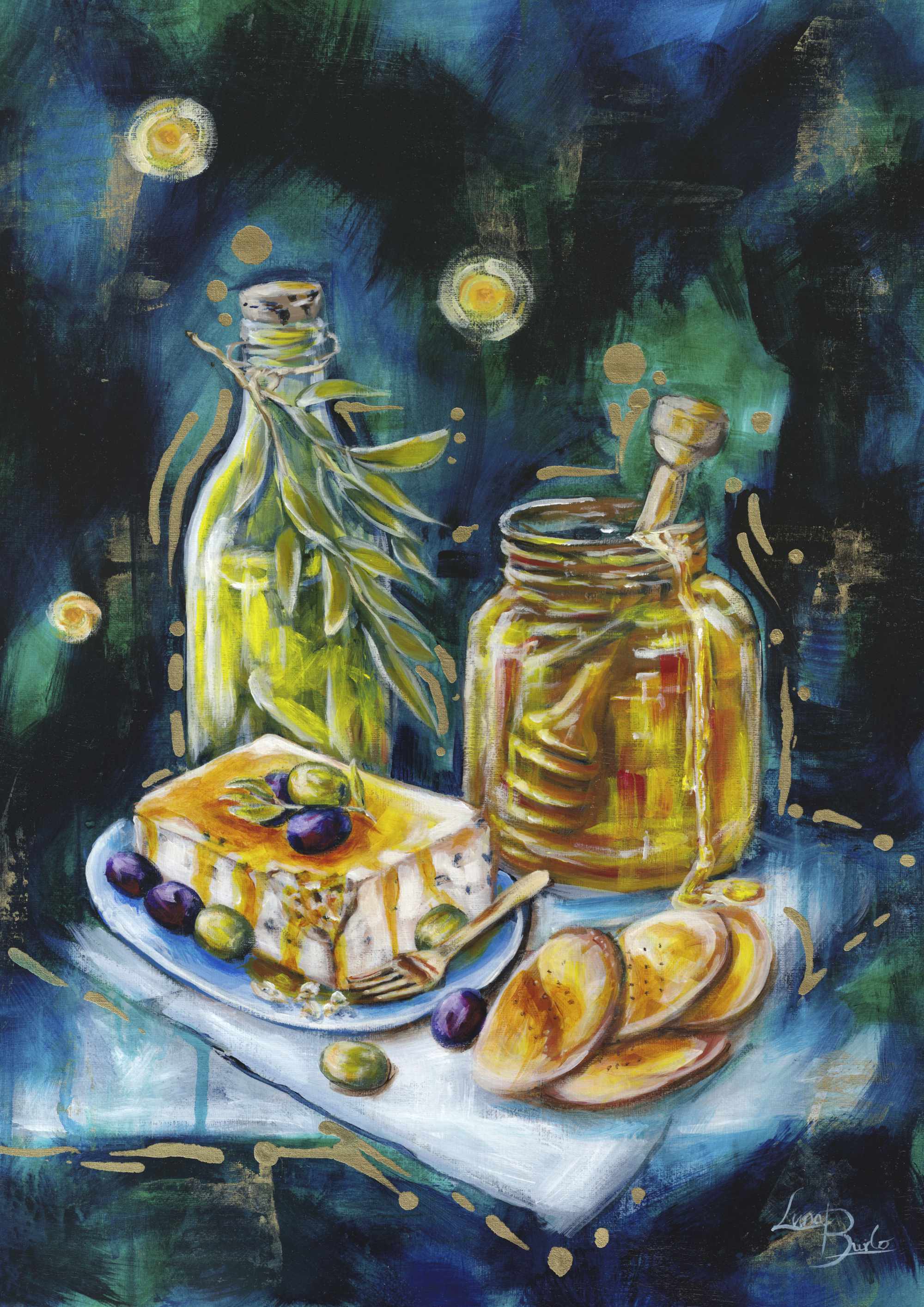 Artistic depiction of a table setting with olive oil, bread, and olives against a dark background.

Fine art paper print or her original artwork of "Honey and Oil" from series "Mediterranean Table". A2, A3, A4 scale size

Colorful abstract food art with white, yellow, and gold accents on a drak blue and green background. Rectangle vertical or portrait orientation. Made in Melbourne, Australia