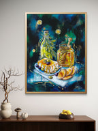 Framed Luna Burlo artwork of a still life scene with olive oil, honey, cheese on a wall above a wooden shelf.

Fine art paper print or her original artwork of "Honey and Oil" from series "Mediterranean Table".

Colorful abstract food art with white, yellow, and gold accents on a drak blue and green background. Rectangle vertical or portrait orientation. Made in Melbourne, Australia