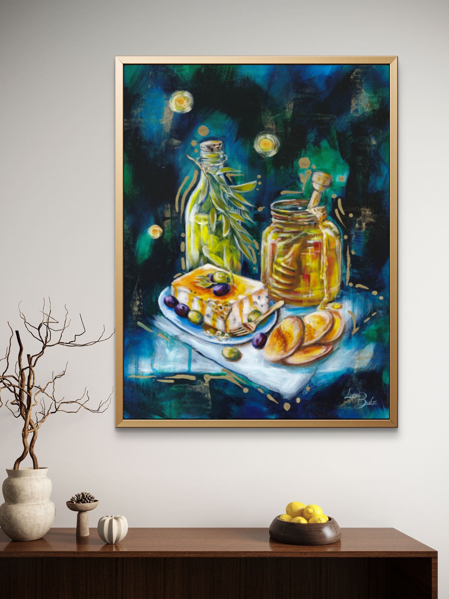 Framed Luna Burlo artwork of a still life scene with olive oil, honey, cheese on a wall above a wooden shelf.

Fine art paper print or her original artwork of "Honey and Oil" from series "Mediterranean Table".

Colorful abstract food art with white, yellow, and gold accents on a drak blue and green background. Rectangle vertical or portrait orientation. Made in Melbourne, Australia