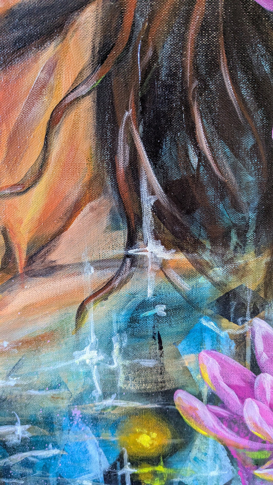 Artistic depiction of a lotus flower in a serene water setting. July in Bloom by artist Luna Burlo, Australia