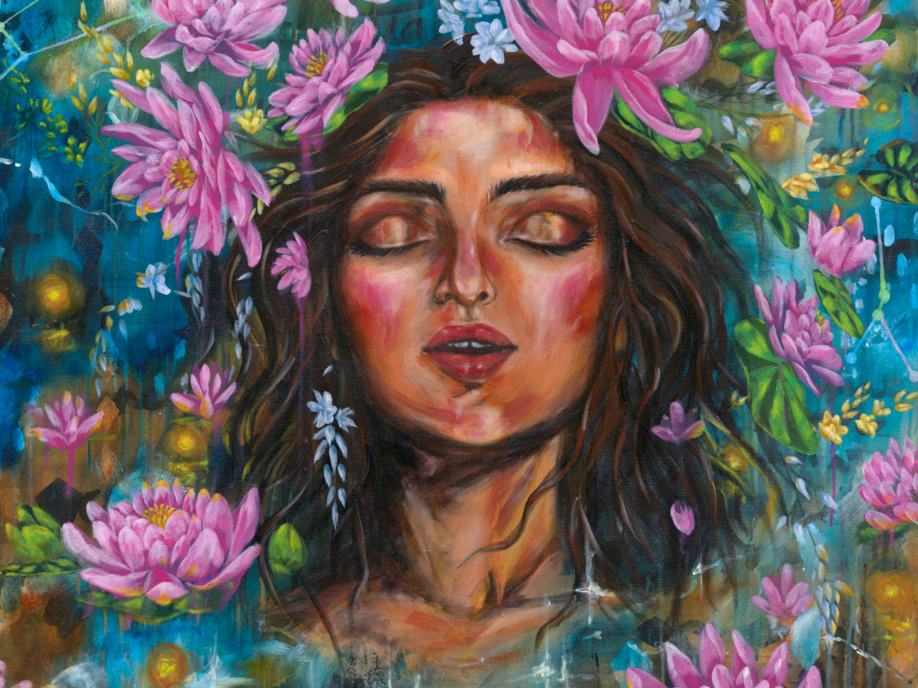 Fine art canvas print painting of a woman's face surrounded by pink water lily flowers with a mystical blue background. Rectangle horizontal landscape orientation.