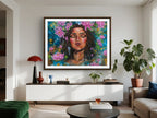 Living room with a  large rectangle colorful painting of a woman's face surrounded by pink water lily flowers on a blue background on the wall. Artist: Luna Burlo, Melbourne, Australia