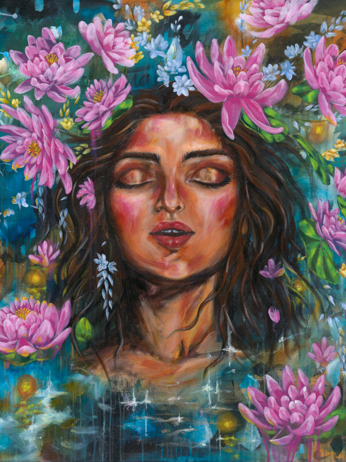 Vertical portrait orientation fine art canvas print of a woman's face surrounded by pink lotus and lukspur July birth month flowers, on a blue background. Artist: Luna Burlo, Melbourne, Australia