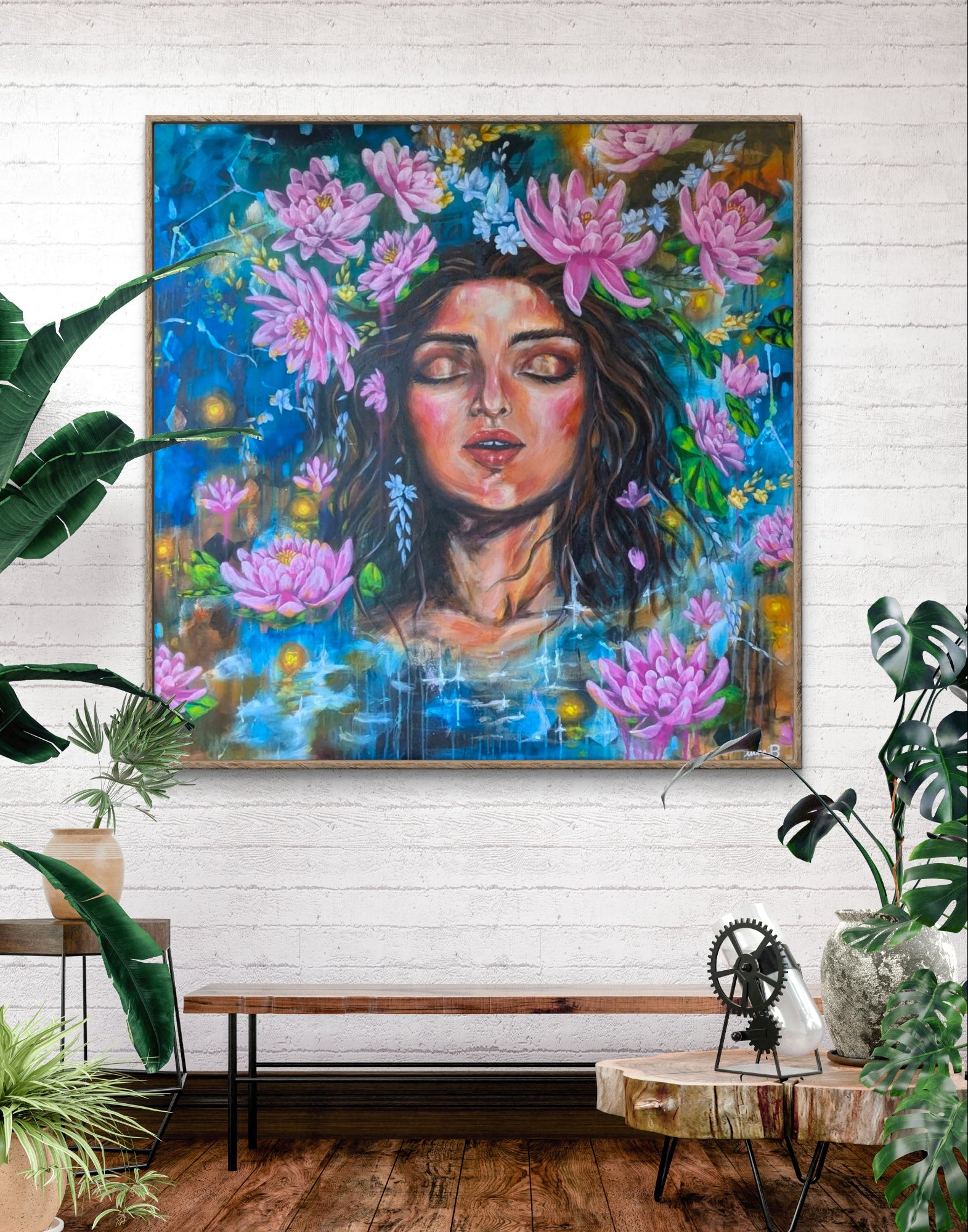 Colorful large painting or fine art print of a woman's face surrounded by lotus and lukspur, july birth month flowers, in water. Cancer and leo zodiac start sign constellations. Artist: Luna Burlo, Melbourne, Australia