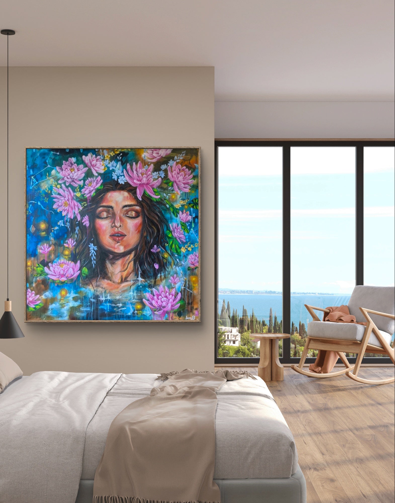 Modern apartment bedroom feature wall with a large painting or fine art print of a woman with pink lotus and yellow / white lukspur flowers. "July in Bloom" art by Luna Burlo, Australia