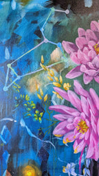 Artistic depiction of lotus and lukspur flowers and Leo/Cancer constellations with pink flowers for July Birth month art. By Luna Burlo, Melbourne, Australia
