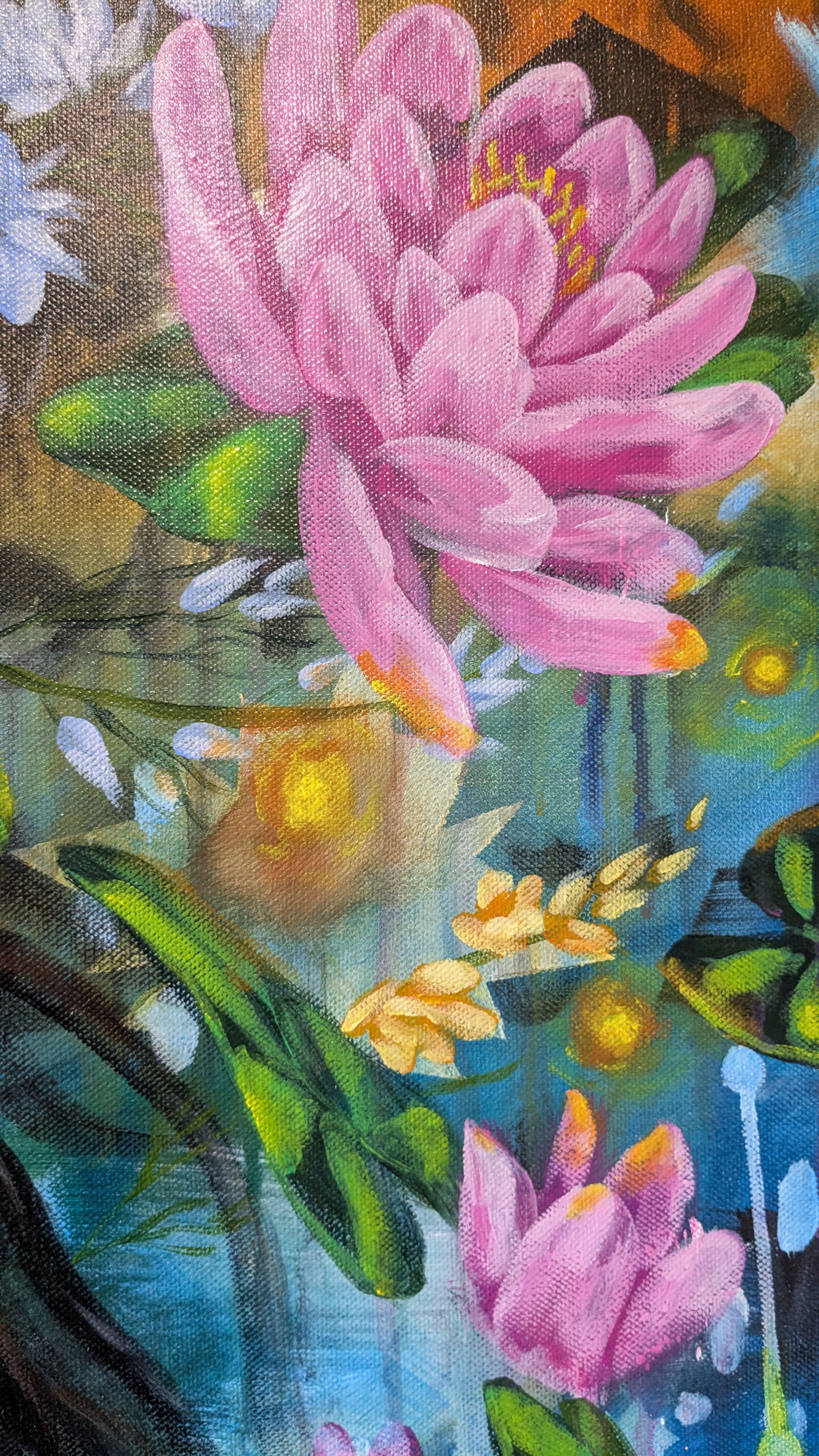 Close-up of a pink lotus flower with lukspur and green leaves on a canvas of original art by Luna Burlo, Melbourne, Australia