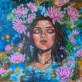 Artistic depiction of a woman's face surrounded by pink pink lotus lily flowers and lukspur, lily pad foliage. July birth month art with cancer and Leo constellations. Artwork by Melbourne artist, Luna Burlo