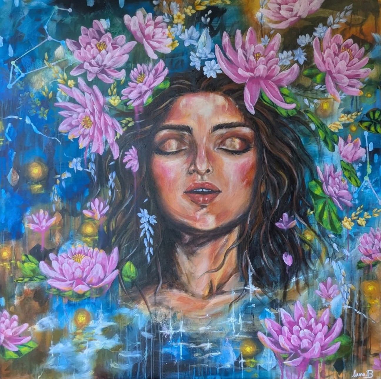 Artistic depiction of a woman's face surrounded by pink pink lotus lily flowers and lukspur, lily pad foliage. July birth month art with cancer and Leo constellations. Artwork by Melbourne artist, Luna Burlo