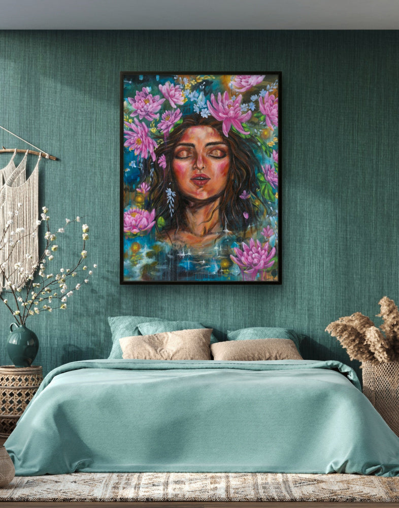 Bedroom with teal walls, a bed with blue bedding, and a colorful painting of a woman with lotus flowers on a blue background above the bed. July birth flowers painting, by Luna Burlo, Melbourne, Australia