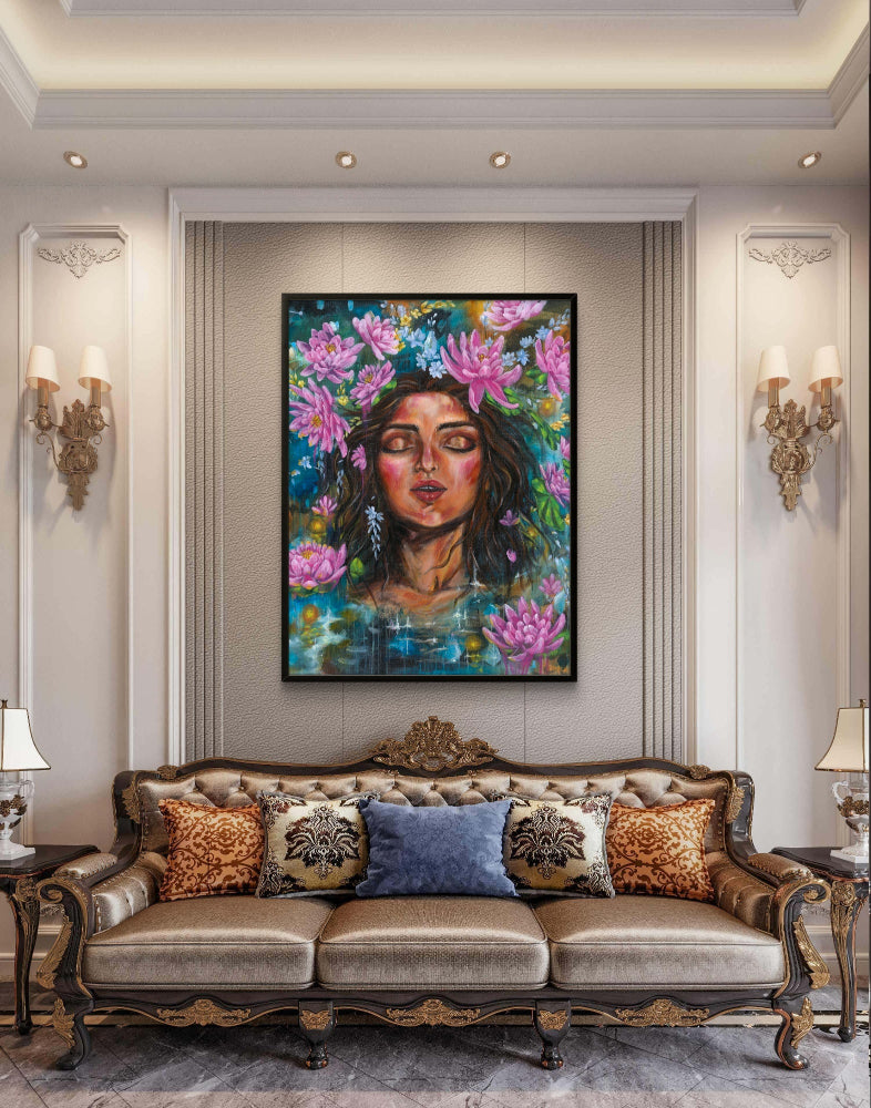 Decorative living room with a large painting of a woman with pink lotus flowers in portrait/vertical orientation on the wall above an ornate sofa. Artwork by Luna Burlo, Melbourne, Australia