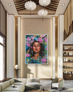 Modern living room or hotel lobby with a colorful portrait / vertical orientation painting of a woman with pink water lilies flowers and blue background on the wall. Artwork by Luna Burlo, Melbourne, Australia