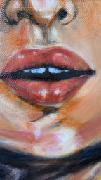 Close-up of a woman's lips, from painting "July in Bloom, by artist, Luna Burlo, with a focus on texture and color.