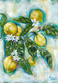 Painting of lemons and flowers on a branch with a signature in the corner.

Luna Burlo fine art paper print or her original artwork of Lemons from series "Mediterranean Table". A2, A3, A4 scale size

Colorful abstract with yellow fruit, white flowers, vibrant green leaves, and turquoise blue background. Rectangle vertical or portrait orientation. Made in Melbourne, Australia