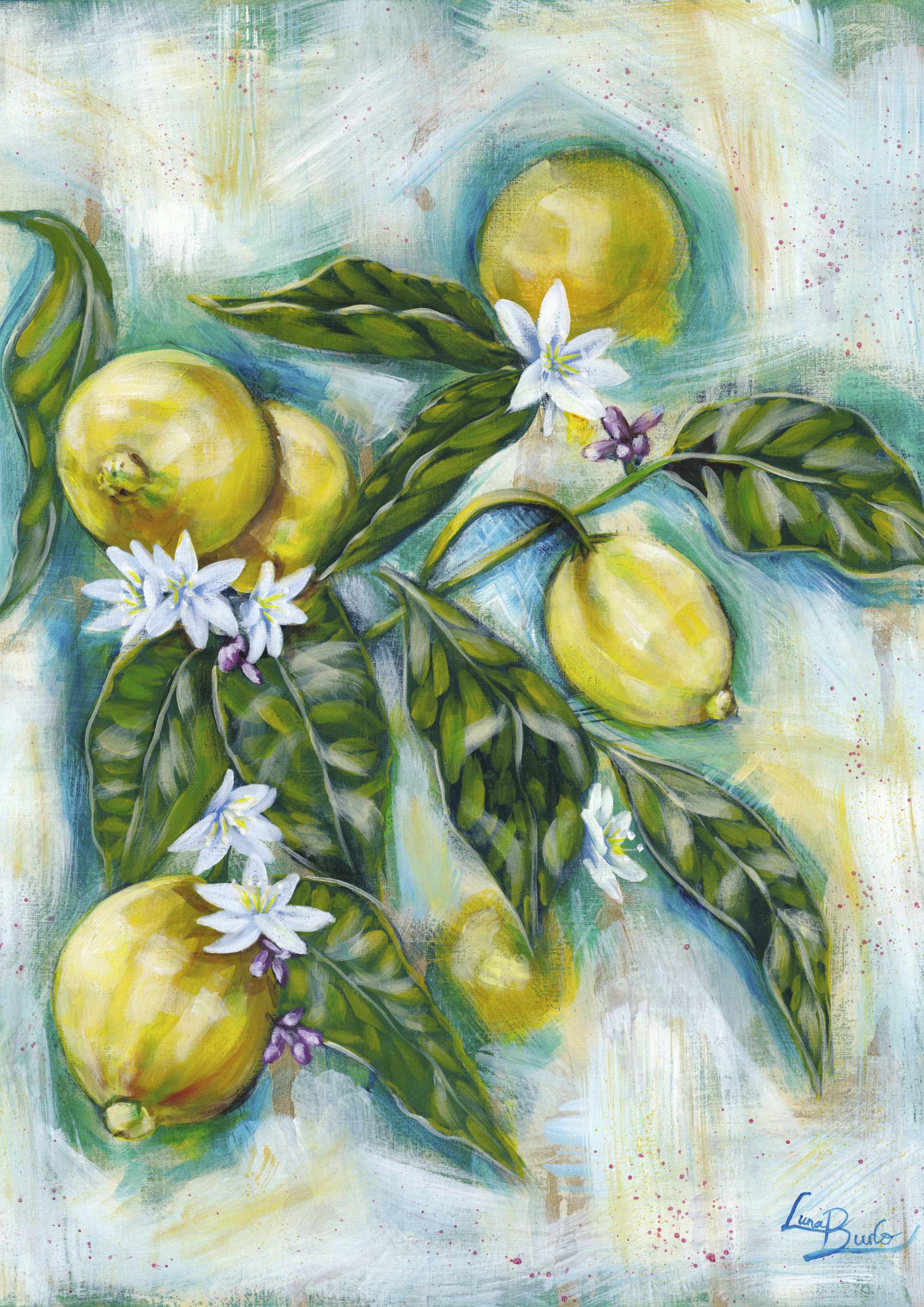 Painting of lemons and flowers on a branch with a signature in the corner.

Luna Burlo fine art paper print or her original artwork of Lemons from series "Mediterranean Table". A2, A3, A4 scale size

Colorful abstract with yellow fruit, white flowers, vibrant green leaves, and turquoise blue background. Rectangle vertical or portrait orientation. Made in Melbourne, Australia