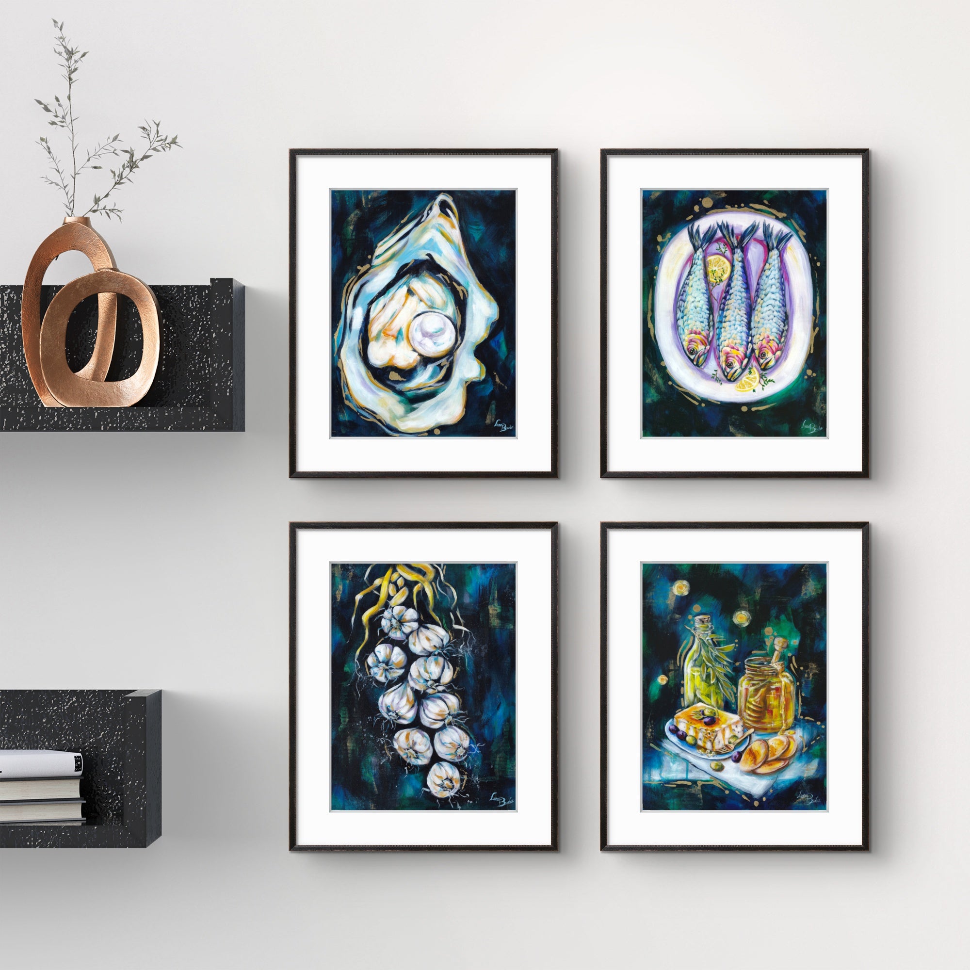 Four framed Luna Burlo artworks on a wall with a decorative vase and shelves below.

Framed Luna Burlo fine art paper print or her original artworks of Oyster, Sardines, Garlic, and Honey and Oil from series "Mediterranean Table".

Dramatic "Dark" set with white, yellow, gold, black, dark blues and greens background. Rectangle portrait or vertical orientation. Made in Melbourne, Australia