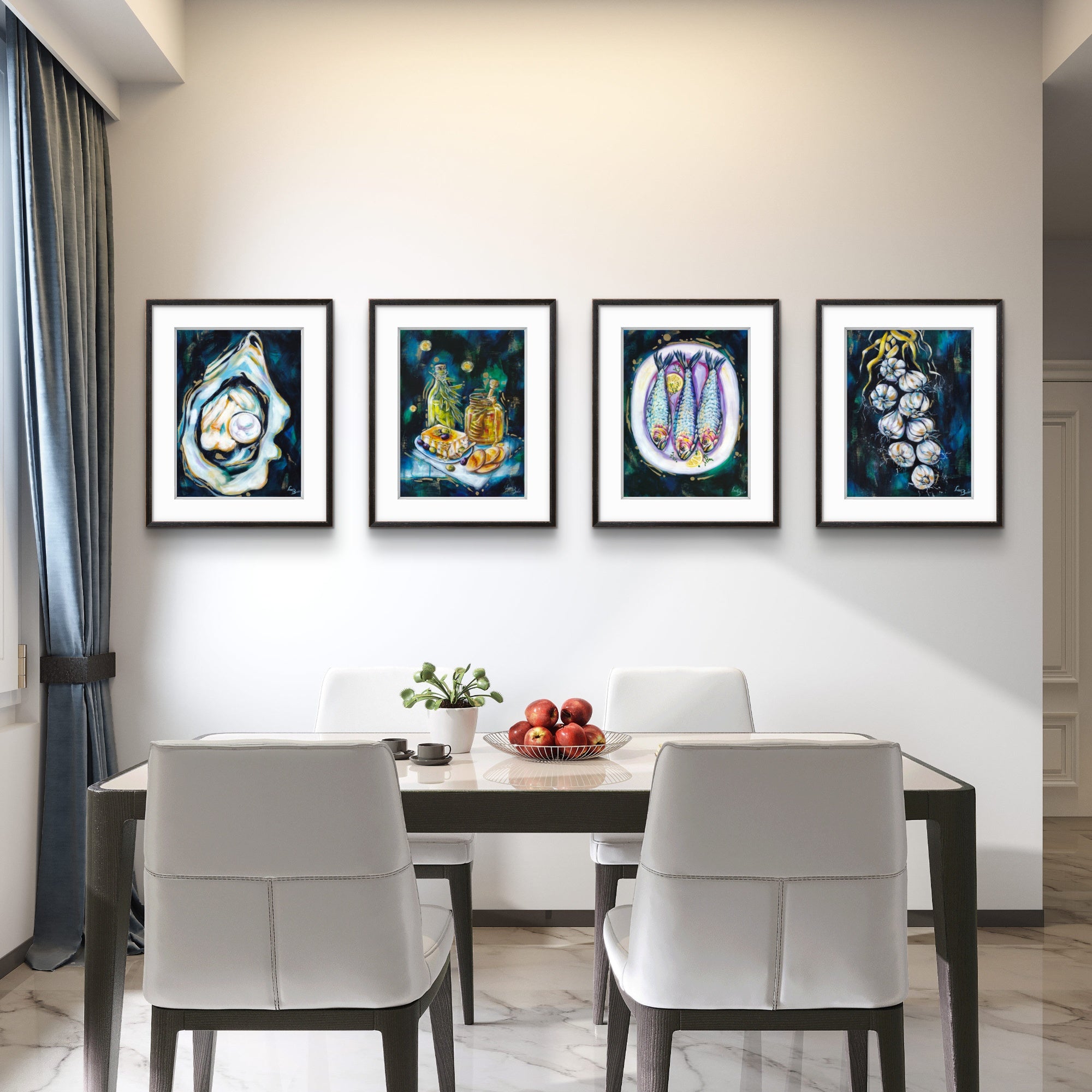 Dining room with a table and chairs, and four framed Luna Burlo artworks on the wall.

Framed Luna Burlo fine art paper print or her original artworks of Oyster, Sardines, Garlic, and Honey and Oil from series "Mediterranean Table".

Dramatic "Dark" set with white, yellow, gold, black, dark blues and greens background. Rectangle portrait or vertical orientation. Made in Melbourne, Australia