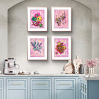 Four framed Luna Burlo food art prints on a wall above a kitchen counter.

Framed Luna Burlo fine art paper print or her original artworks of capsicums, olives, sage, and tomatoes from series "Mediterranean Table".

Colorful abstract with reds, purples, greens on a fun and textured maximalist pink background. Rectangle portrait or vertical orientation. Made in Melbourne, Australia