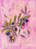 Olive branch painting on a pink abstract background by Luna Burlo.

Fine art paper print or her original acrylic artwork of "Olives" from series "Mediterranean Table". A2,A3,A4 scale for pirnts

Colorful abstract food art with dark purple, deep red, and rich yellow fruit, and green leaves on a textured pink background. Rectangle vertical or portrait orientation. Made in Melbourne, Australia
