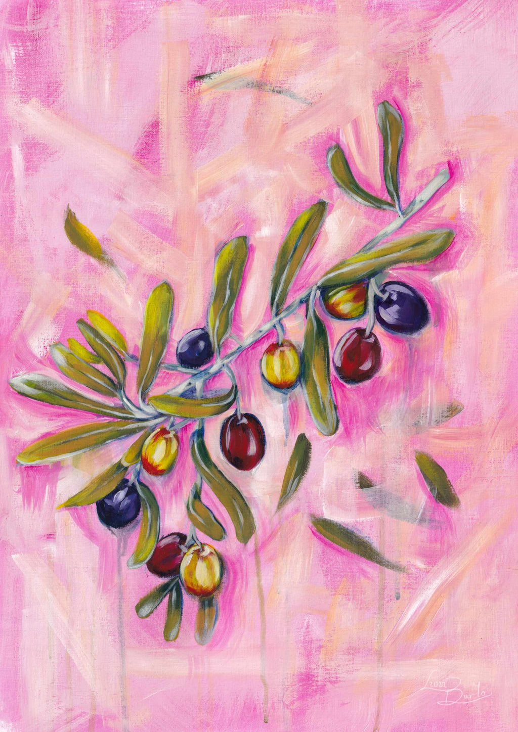 Fine art paper print or her original acrylic artwork of "Olives" from series "Mediterranean Table". A2, A3, A4 scale and prints 

Colorful abstract food art with dark purple, deep red, and rich yellow fruit, and green leaves on a textured pink background. Rectangle vertical or portrait orientation. Made in Melbourne, Australia