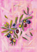 Fine art paper print or her original acrylic artwork of "Olives" from series "Mediterranean Table". A2, A3, A4 scale and prints 

Colorful abstract food art with dark purple, deep red, and rich yellow fruit, and green leaves on a textured pink background. Rectangle vertical or portrait orientation. Made in Melbourne, Australia